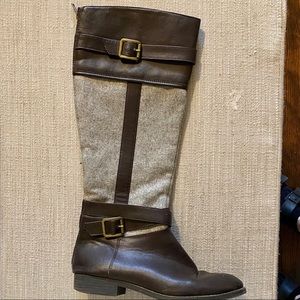 Brown leather and grey felt riding boots